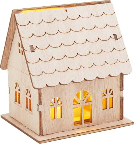VBS Holzbausatz Haus LED, 9 Teile, Unbemalt, 7x9,5x8,5 cm, Warmweiß, Sperrholz, Ganzjährig, Deko-Bausatz, Mini-Holzhaus, Bastelset Holz, Kreativ DIY, Modellbau Haus Kit