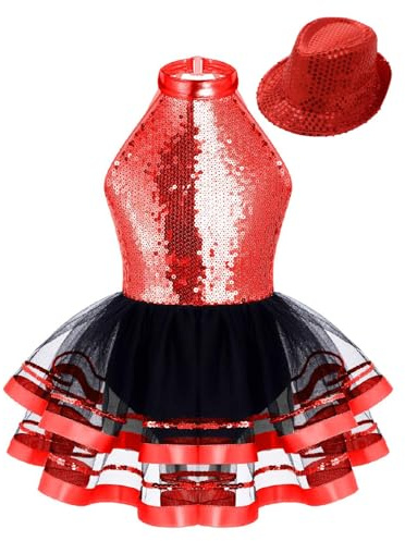inhzoy Vestito da Pattinaggio Artistico Bambina con Cappello di Paillettes Abito tutù Danza Ballerina Body Danza Classica Ginnastica Ritmica Costume da Ballo Latino Americano Rosso 7-8 Anni
