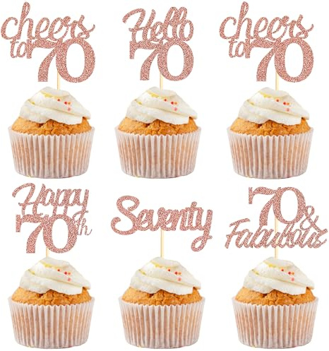 Sotpot 30 pack 70th Birthday Cupcake Toppers Rose Gold Glitter 70 Fabulous Cheers to 70 Cupcake Decorations for 70th Birthday Anniversary Party Supplies