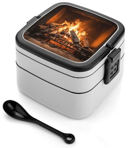 Burning Firewood Large Fireplace Bento Box Adult Stackable 2 Layers Containers Reusable Leakproof Lunch Containers for Adults Travel 33oz Lunchbox with Spoon Portable Bento Boxes, Microwave Dishwasher