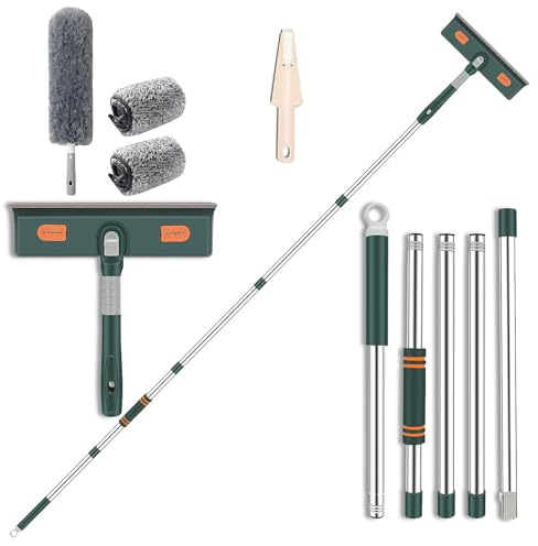 Lavavetri con Manico Telescopico 226cm,Professionale 2 in 1 Kit per Pulizia delle Finestre con 3 Tampone in Microfibra,Testa Girevole a 180°,Estensibile Lavavetro per Finestre Alte