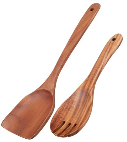VALICLUD Long Handle Spatula Wooden Salad Servers Mixing Utensil Salad Spoon Spork Kitchen Tool