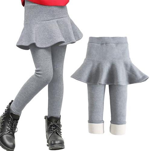 JiAmy leggings för flickor fleecefodrade leggings med volang kjol vinter varm byxkjol för flicka 3-12 år, Ljusgrå, 9-10 År