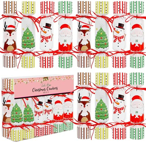 Lulu Home 12 Pack No-Snap Christmas Crackers Set, Party Favors with Hats, Jokes & Small Gifts for Xmas Holiday Dinner Table Decorations and Supplies, Each 6.5 H x 1.4 Dia