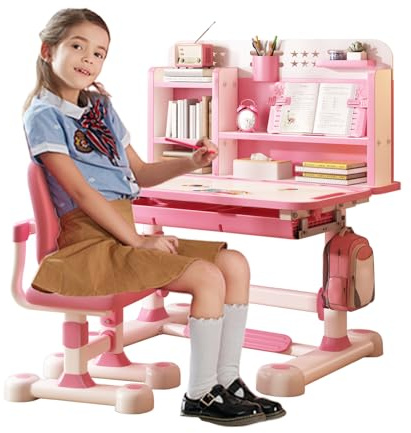 yulewiix Kinderschreibtisch, Kinder Schreibtisch, Height Penctable Schreibtisch und Stuhl Set mit Bücherregal Lagerschublade, 50-Grad-Neigungsschiff-Desktop-Studientisch für Junge, Mädchen(Rosa A)