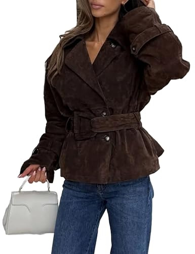 RISCUYY Suede Jacket for Women Long Sleeve Belt Collar Brown Jackets Fall Winter Faux Suede Vintage Coat