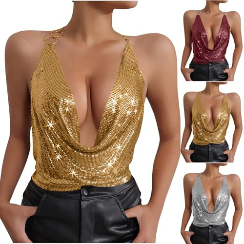 RLEHJN Glitzer Oberteil Damen Pailletten,Sexy Deep V Kette Halter Ärmellos Backless Metall Damen-Tanktop Sparkle Weste mit metallischen Sequin Crop Top Trägertop Nachtclub Karneval Party