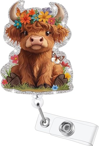 Utdragbar ID-korthållare, sjuksköterske-ID-korthållare, märke med Söt Design, Märkehållare med Clip för Sjuksköterskor, Läkare, Frivilliga (Rolig Highland-Ko)
