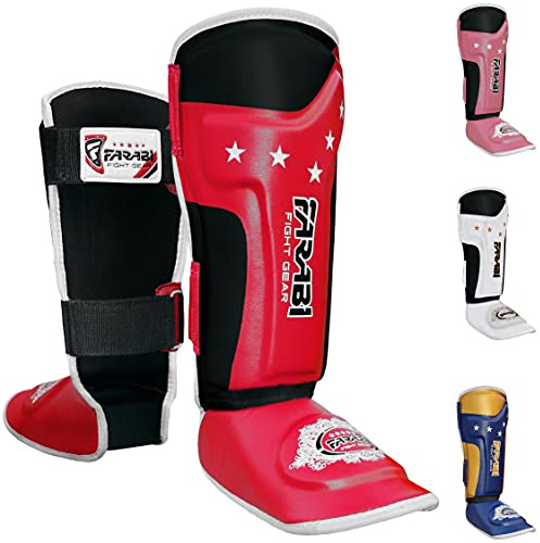 Farabi Kids Shin Guard Instep T-Tech Kickboxing Muay Thai MMA Shin Protector (Red)