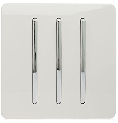 Trendi 3 Gang 2 way 240V Screwless Raised Front Plate Plastic Artistic Modern Glossy 10 Amp Chrome Rocker Triple Electrical Wall Light Switch Ice White - ART-SS6WH