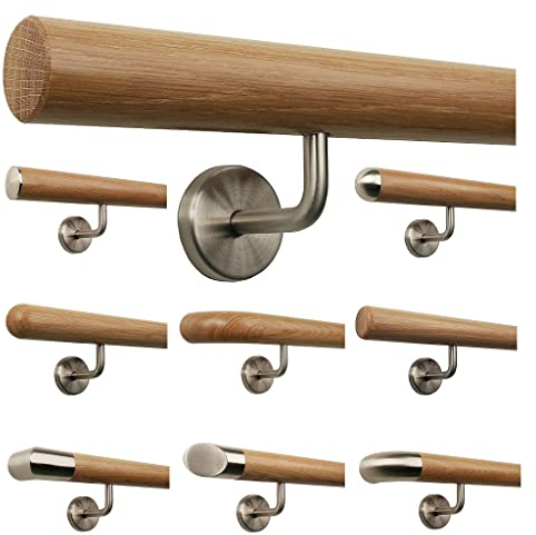 TIBU Main courante en bois de chêne 0,3 m - 6 m, longueur 130 cm, extrémité biseautée et 2 supports coudés