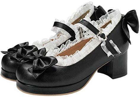 Holibanna Vintage Women Chunky Heel Pumps with Bowknot and Lace Platform High Heeled Shoes Lolita Shoes 1 Pair Black