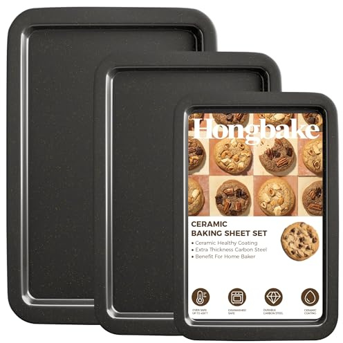 HONGBAKE Ceramic Baking Sheet Pan Set, Cookie Sheet for Oven, Bakeware Sets with Wider Grips, 3 Pack Half/Jelly Roll/Quarter Baking Tray, Premium, Dishwasher Safe - Dark Grey