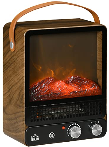 HOMCOM Camino elettrico 750 W/1500 W, riscaldatore per camino con effetto fiamma realistico, manico portatile e protezione da surriscaldamento fino a 20 m² 30,3 x 17,5 x 37,4 cm noce scuro