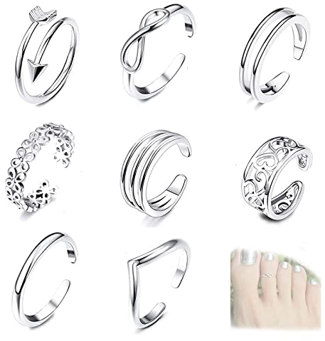 Gfamous Bague Orteil pour Femmes,Lot de 8,Bagues de pied,Filles Argent Simple Réglable Knuckle Ring Lot,Ouverture,Anneau Peut Aussi Être Anneau de Pied