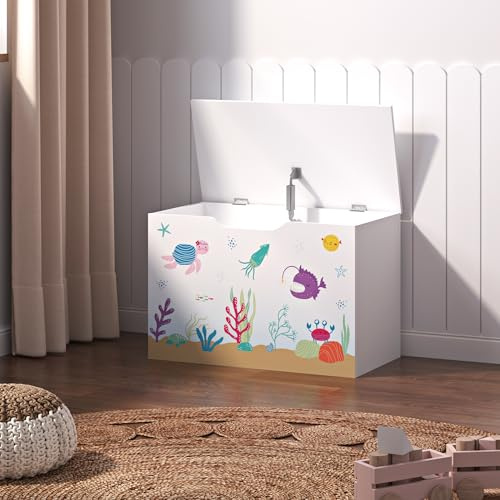 [en.casa] Juguetero para niños Baúl con Decoración Marina Banco Caja de Almacenamiento con Tapa Motivos del Mundo Océano máx. 70 kg Aglomerado 40 x 60 x 30 cm - Blanco y Multicolor