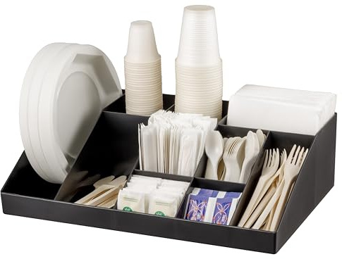 Baroni Home Küchenorganizer aus robustem Kunststoff mit 10 Fächern, Organizer für Becher, Besteck, Zucker, Teelöffel, Strohhalme und Kaffeebecher, funktionales Design und leicht zu reinigen, Schwarz