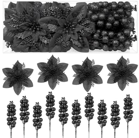 Alupssuc 24 pezzi di bastoncini di Natale glitterati, 12 fiori di Natale artificiali e 12 rami decorativi con bacche per decorazioni per alberi di Natale, ornamenti e ghirlande natalizie, nero