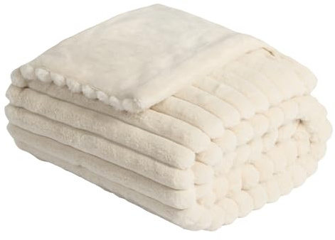 OHS Faux Fur Fleece Throw, Thick Rib Blanket Throws for the Sofa Winter Warm Blanket Ultra Soft Cosy Warm Sofa Throw Blanket for Bedroom Living Room, 125 x 150cm - Natural