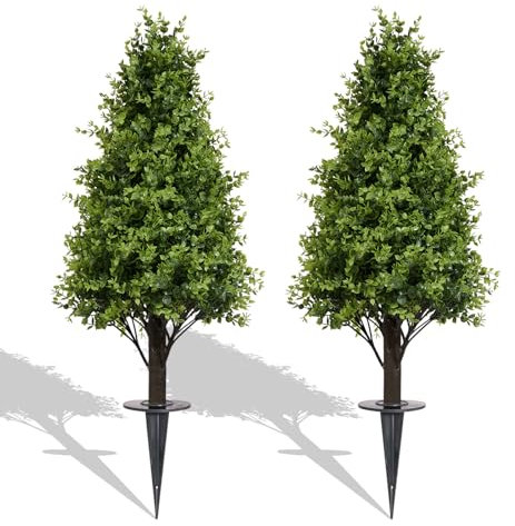 I.C.ELAINE 36 Faux Boxwood Plants Outdoor Set of 2, UV Resistant Artificial Topiary Trees with Ground Spike, 3ft Fake Evergreen Bushes & Shrubs for Outside Planters Front Door Porch Patio Decor