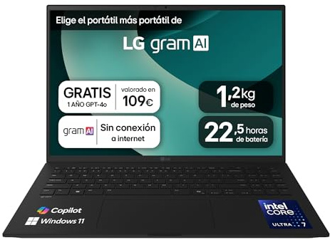 LG gram 16Z90T-G.AD8BB Ordenador Portátil 16 Pulgadas Intel Core Ultra7 255H, 32 GB RAM, 2TB SSD, Panel IPS Antirreflejo, WQXGA, 1.119 g, 22.5 Horas, Windows 11 Home, Negro, Teclado QWERTY Español