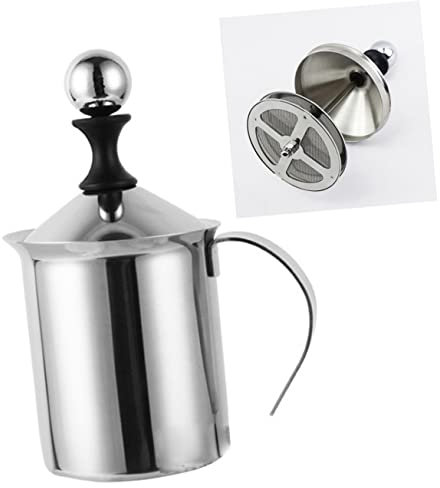 LIFKOME Mousseur à Lait Manuel à Double Maille Pompe Acier Inoxydable Pichet Portable Pour Cappuccinos Et Café