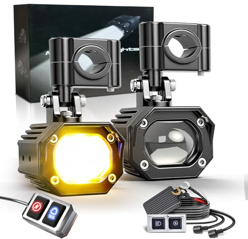 BraveWAY Feux Additionnels Moto Phare 70W 30000LM LED Auxiliaire Antibrouillard 7 Modes Stroboscopiques de Conduite Avec Blanc Ambre Kit de Faisceau de Câbles Plug and Play et 2 Supports de Montage