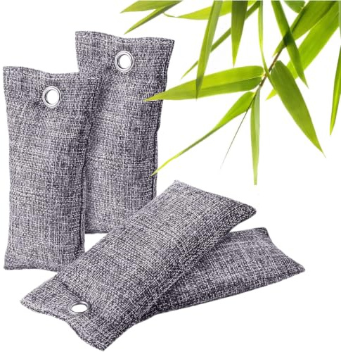 4 sacchetti per la pulizia dell'aria, assorbitore di odori in carbone di bambù (4 x 75 g), naturale perfetto per la rimozione degli odori per auto, cucina, camera, guardaroba, sacchetto di carbone