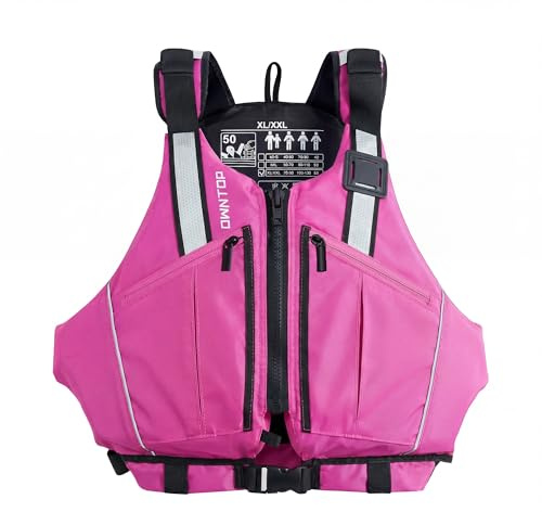 Owntop Schwimmweste Erwachsene | Verstellbare Auftriebsweste mit großzügigen Taschen, Reflexstreifen & flexiblen Armausschnitten | Schwimmhilfe für Kajak, Angeln, Bootssport, Paddeln (Rosa,XL-XXL)