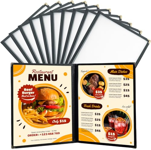FLK Tech 8.5 x 11 Inch Menu Covers, 10 Pack 2 Page 4 View Menu Holder, Restaurant Menu Cover Fits 8 1/2 x 11 Paper, Double Stitched Restaurant Menu Sleeves, Wine Menu