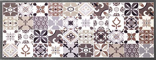 oKu-Tex Fußmatte | Schmutzfangmatte, Küchenläufer | Mosaik Muster Kacheln Kariert | Waschbar | Türvorleger für innen | rutschfest | grau/beige | 45 x 120 cm