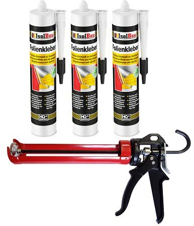 Isolbau Profi Folienkleber Set inkl. HQ Auspresspistole - Bauelastischer 1K Klebe-Dichtstoff zur Verklebung von Kunststofffolie, Dampfbremsen & Dampfsperren - 3 x 450 g