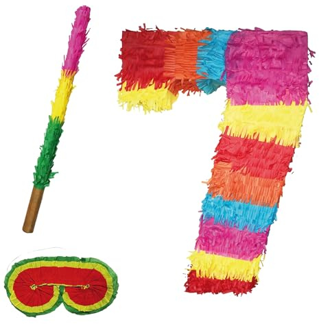 Party Factory – Pinata Set Stab & Augenmaske Geburtstagsdeko Kinder zum Befüllen & aufhängen – Schlag-Piñata als Party Deko in 50x35x8 cm für Kindergeburtstag & Mottopartys – Partyspiel Pinjata Zahl 7