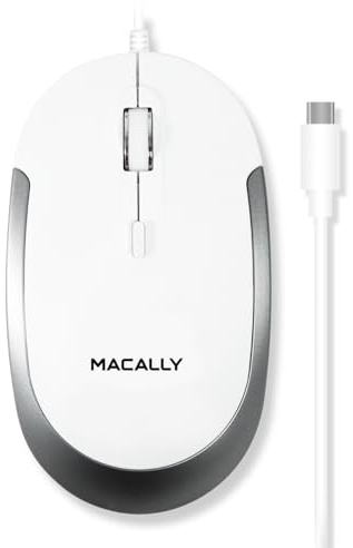 Macally Tyst USB C-mus för Mac och Windows – 3-knappars och rullhjul USB typ C-mus – bekväm tvåhänt design – kompakt trådbunden mus med optisk sensor och DPI-omkopplare 800/1200/1600/2400