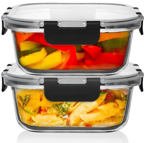Razab 2 PC 1200ML / 41 Oz Glass Food Storage Containers with Lids - Airtight & Leakproof - Microwave/Oven/Freezer Safe - BPA Free - Ideal for Meal Prep, Storing Leftover & Lunch