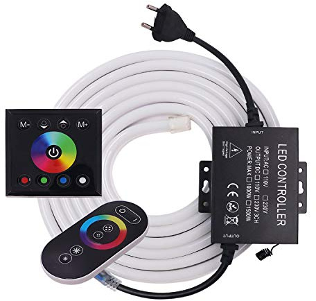 XUNATA Luz de Neón Tira de LED RGB de 220V con kit de Control de Panel Táctil y Remoto, Impermeable Flexible de 5050 LED Tira de neón- 25 Metros