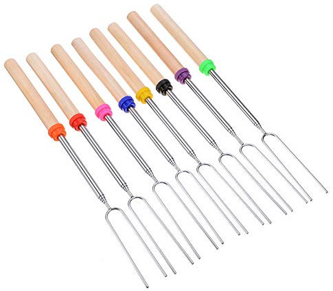 TopHomer Lot de 8 fourchettes à barbecue extensibles en acier inoxydable 81,3 cm en forme de U avec pochette en toile pour le camping, les fêtes, les pique-niques