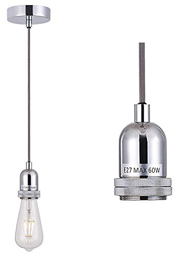 SHINY STAR Pendant Fitting Chrome Ceiling Light Fitting, Vintage Metal Ceiling Rose with Braided Flex Cable and Metal E27 Lamp Holder KIT Accessary HT201CH