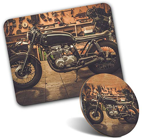Rectangle Mouse Mat & Round Coaster Set - Vintage Motorbike Bike Biker Retro 20 cm & 9 cm for Computer & Laptop, Office, Gift, Non-slip Base #46399