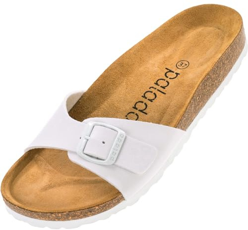 Palado Sandalias Malta para mujer, extracómodas, pantuflas modernas con corcho natural, fabricadas en la UE, sandalias con suela de piel natural fina, Basic Matt W White, 42 EU