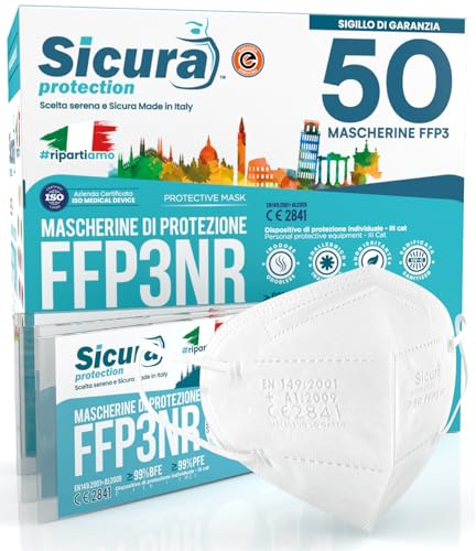 Eurocali 50 Mascherine FFP3 Certificate CE Italia Made in Italy BFE ≥99% | PFE ≥99% Mascherina ffp3 SANIFICATA e sigillata singolarmente. Produzione 100% Italiane