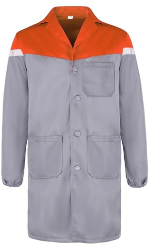 Yukirtiq Herren Arbeitsjacke Arbeitskittel Mechanisch Arbeitskleidung Warenhaus Berufsmantel Werkstatt Mantel Arbeitsmantel Lange Jacke, Grau+Orange, XL