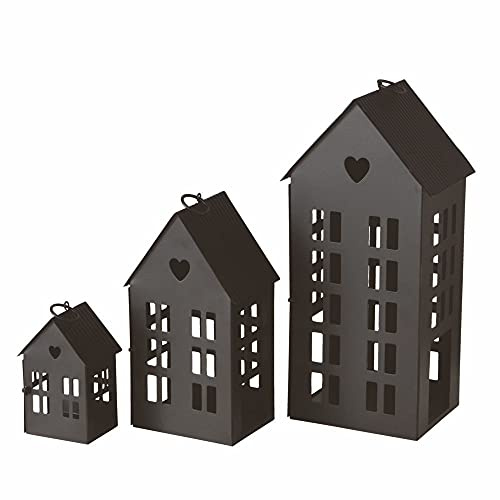 Metall Laterne Häuser im 3er Set in schwarz - Höhe der Laternen: 34/21 / 12 cm - Deko Windlicht Haus - Kerzenhalter Häuser für Innen und Außen