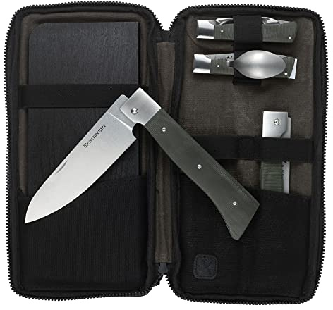 Messermeister Adventure Chef Summit Set, Distressed Linen - Folding 6” Chef’s Knife, 6” Fillet Knife, Steak Knife, Fork & Spoon, Peeler & Parer, TPE Cutting Board + Waxed Canvas Case
