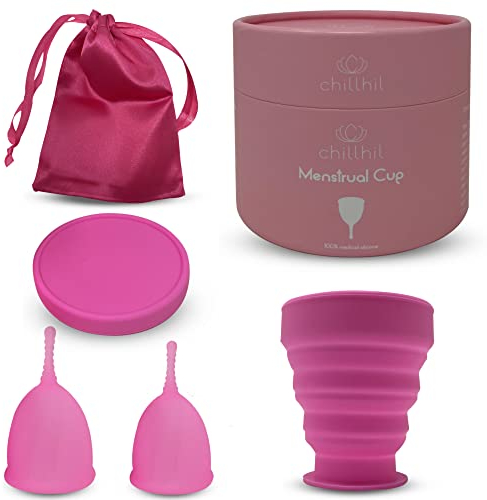 Chillhil Set di 2 Coppette Mestruali Taglie S e L con 1 Sterilizzatore - Coppetta Mestruale Comoda, Morbida, 100% Silicone di Grado Medico Lavabile e Riutilizzabile