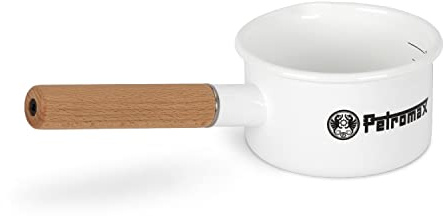 Petromax Emaille Stieltopf Weiß - 500 ml Kasserolle mit Holzgriff | Robuste Milchtopf Emaillekasserolle mit Skala - Für Induktion, Gas & Lagerfeuer - Kratzfest & Hitzebeständig