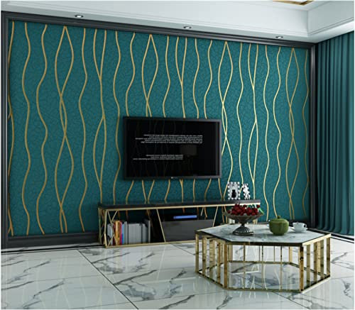 Paon Bleu Papier Peint intissé 9,5 m x 0,53 m Flocage Modernes Minimaliste Papier Peint 3D Modèle De Vague Papier peint non-tissé pour Chambre Salon TV Fond