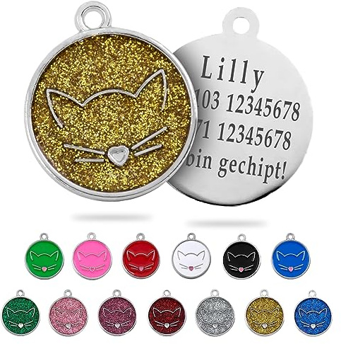 Ibera gifts - Runder Anhänger Katze mit Katzengesicht, personalisierter Adressanhänger für mittelgroße bis große Katzen, legiertes Metall, 25 x 25 mm, 4 Gravurzeilen auf der Rückseite (Glitter Gold)