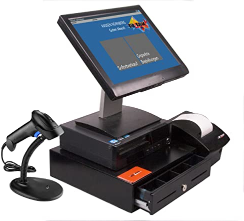 15 Kassensystem für Einzelhandel, Kiosk, Laden, Supermarkt – POS Kasse mit Touchscreen, Bondrucker, Scanner & Kassenlade, ohne ABO, TSE-konform (TSE-Modul erforderlich)