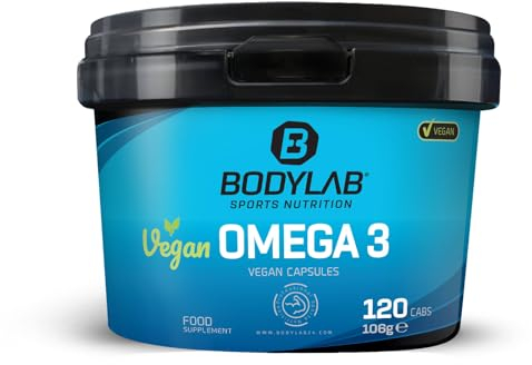 Bodylab24 Vegan Omega-3 120 Kapseln, aus Algenöl gewonnen, mit 110mg EPA und 220mg DHA pro Kapsel, 100% vegan, ohne künstliche Zusatzstoffe, enthält 120 Tagesportionen